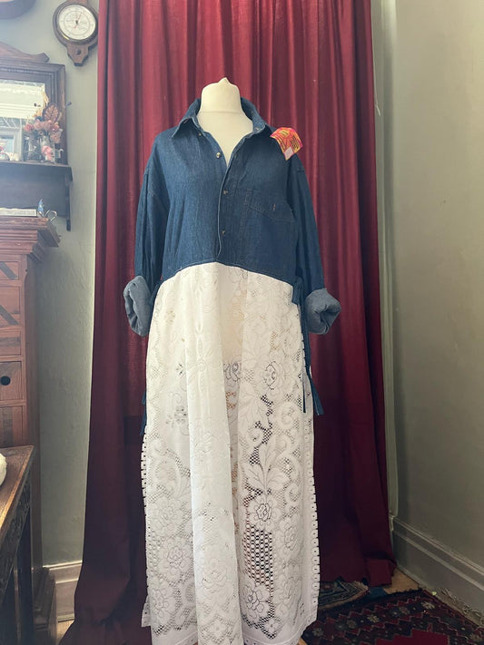Lace Table Cloth Denim Dress
