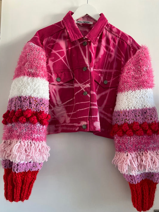 Pink Bleach Dye Jean Jacket With Knitted sleeves