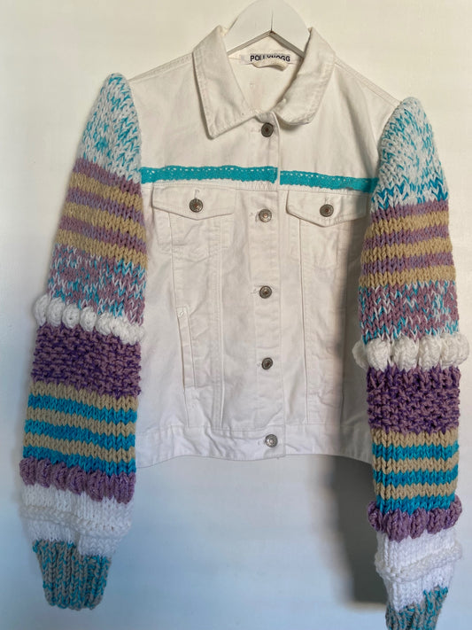 White Jean Jacket With Multi Coloured hand knit sleeves