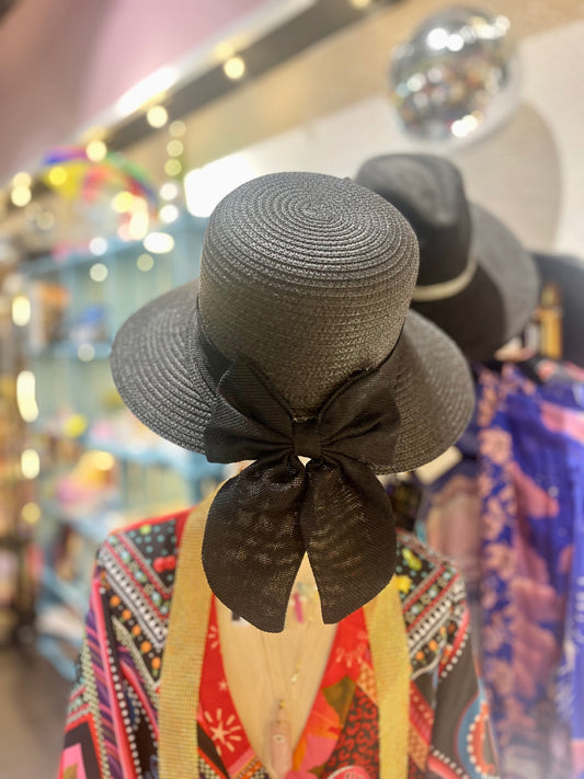 🖤 “Shadow Belle” Wide-Brim Hat Elegant Bow | Adjustable Fit | Lightweight Black Weave