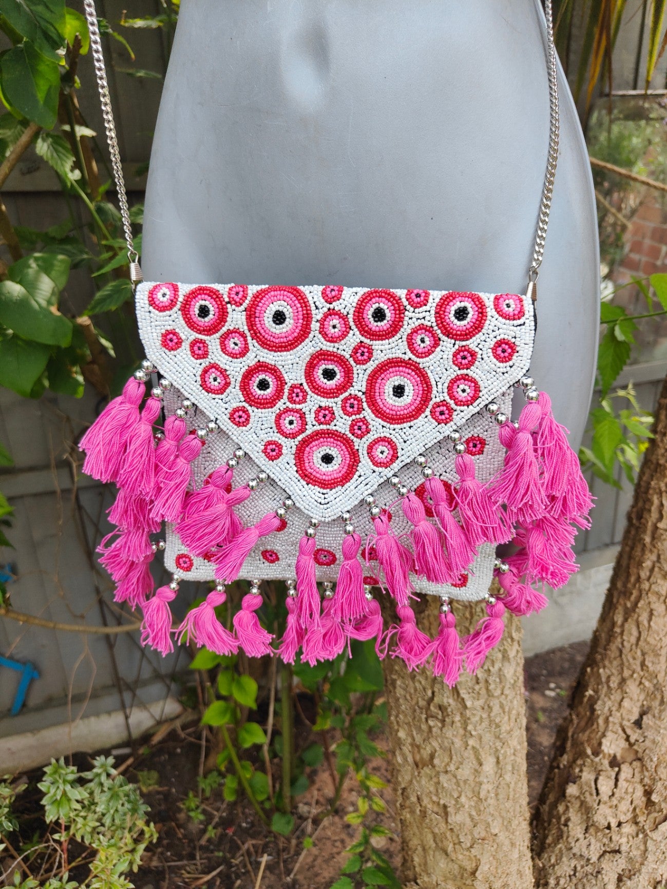 Greek tassle beaded bag -pink white