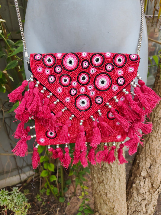 Greek tassle beaded cross body bag -red