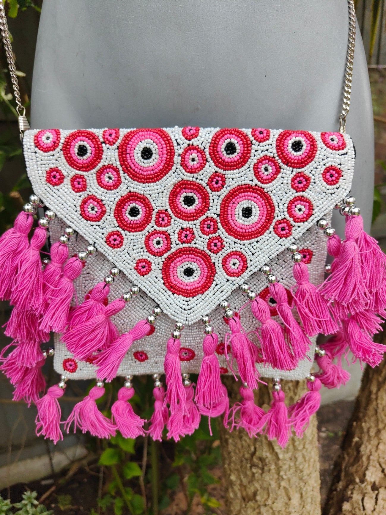 Greek tassle beaded bag -pink white