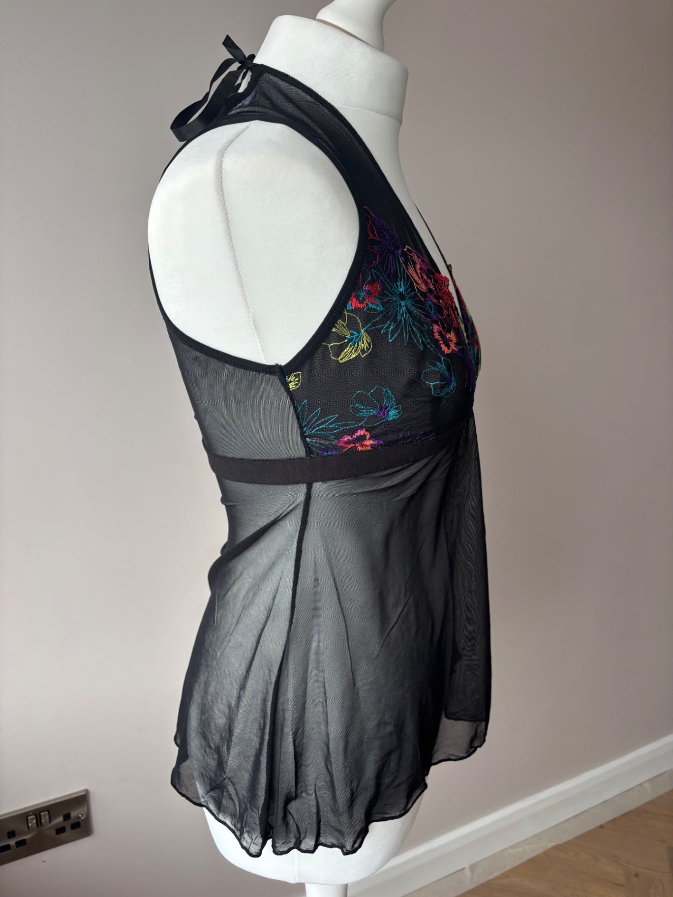 Black mesh cami top with multi colour floral detail