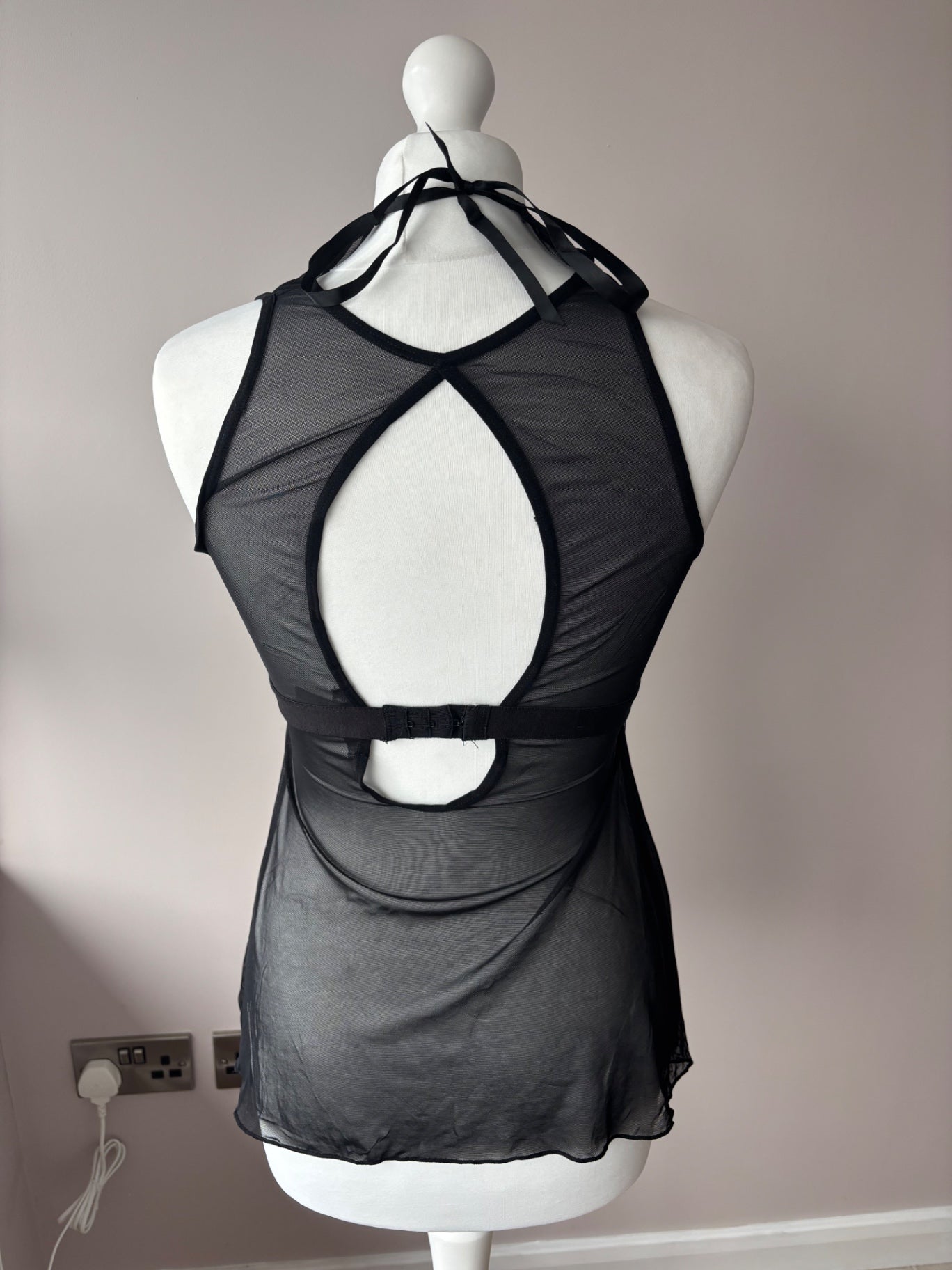 Black mesh cami top with multi colour floral detail