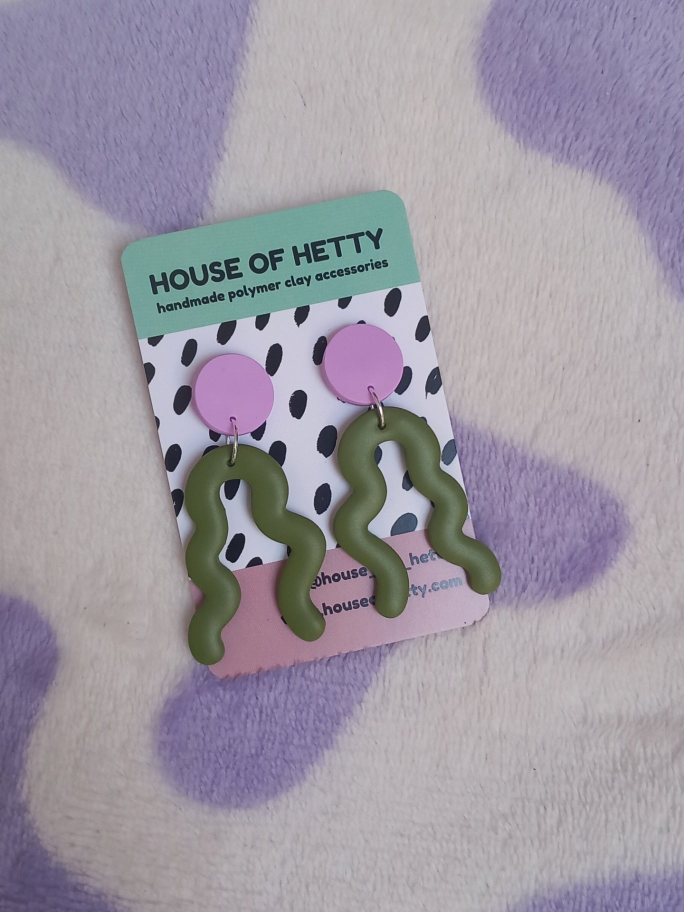 Lilac and olive wiggle dangle earrings