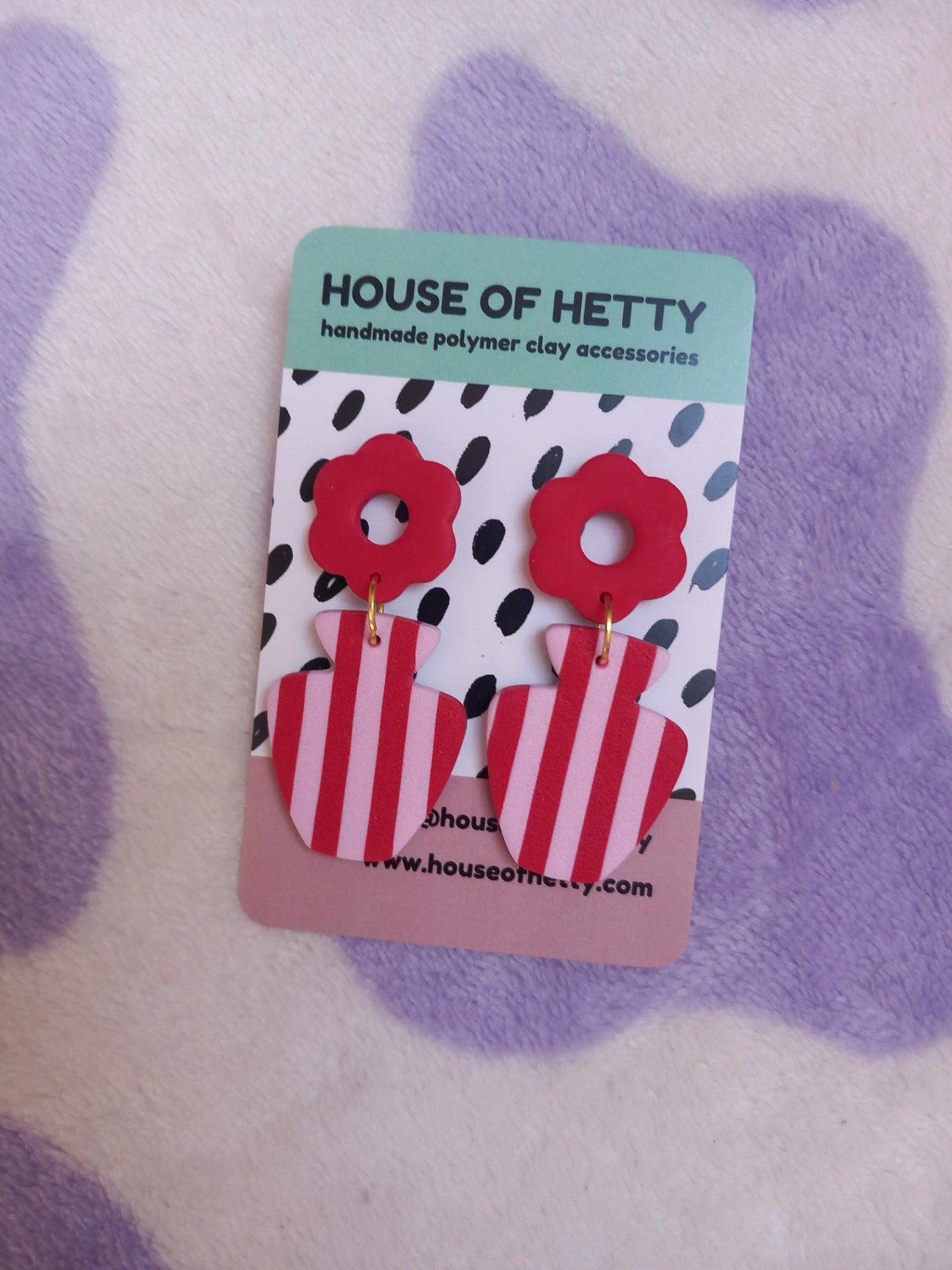 Stripy flower in vase earrings - red