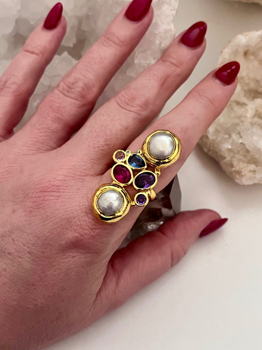Luna Alchemy Cluster Ring — Biwa Pearl & Rainbow Crystal (Gold)
