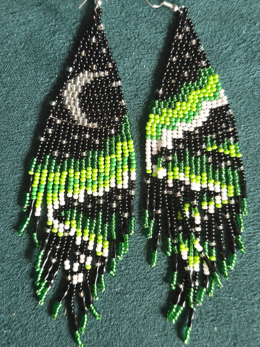 Beaded green moon earrings