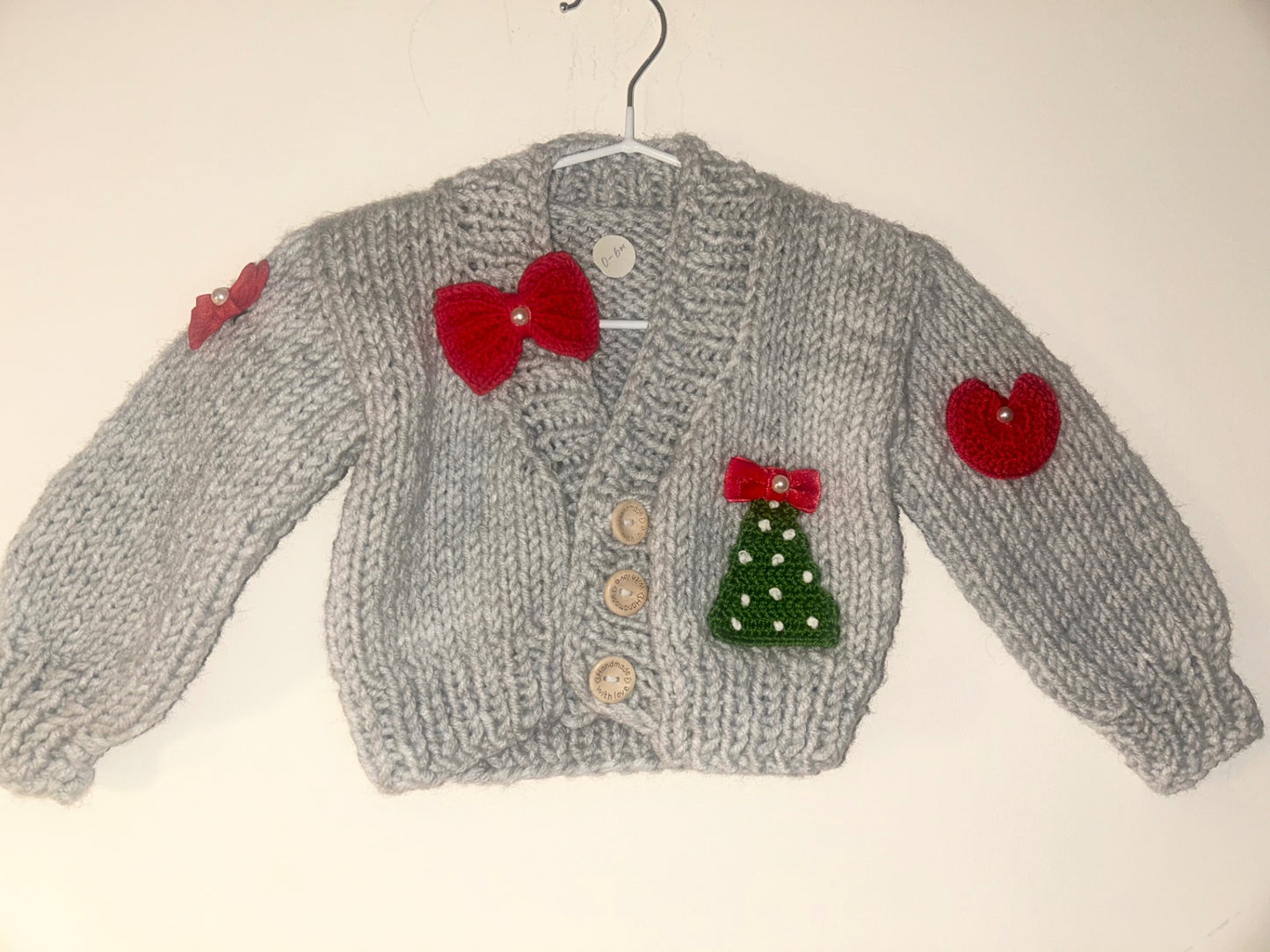 0-6m Grey Handmade Cardigan With Christmas Details
