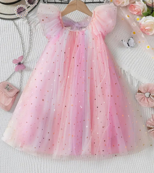 5ys Pink Tulle Dress With Gold Stars