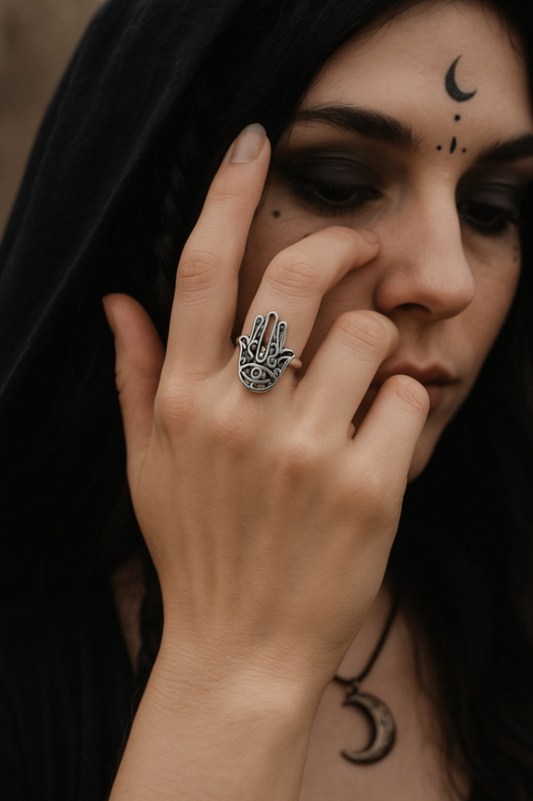 🪬 Hamsa Hand Evil Eye Ring – Silver Stainless Steel