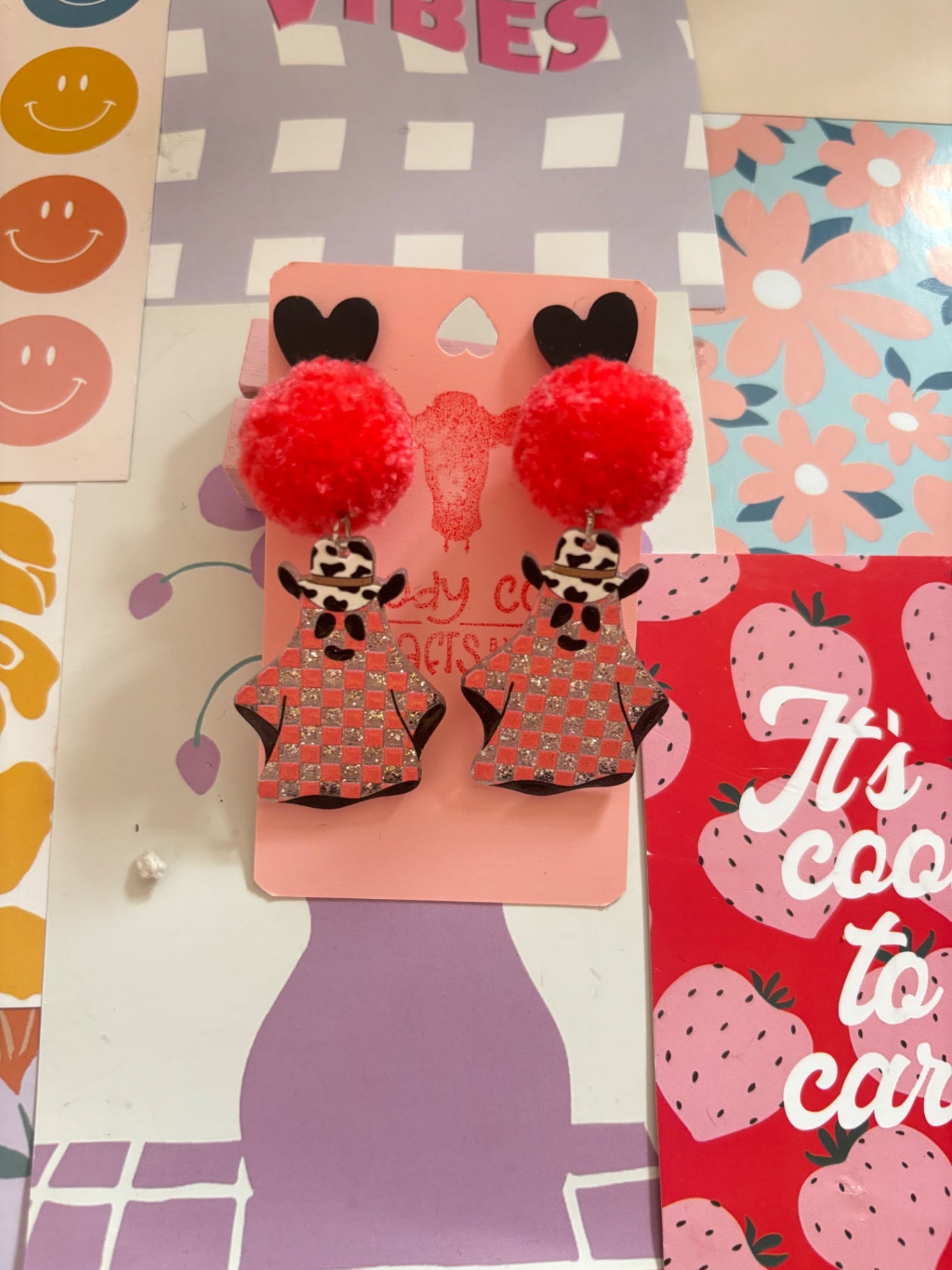 Peachy Cowgirl Ghost Pom Pom Stack Earring