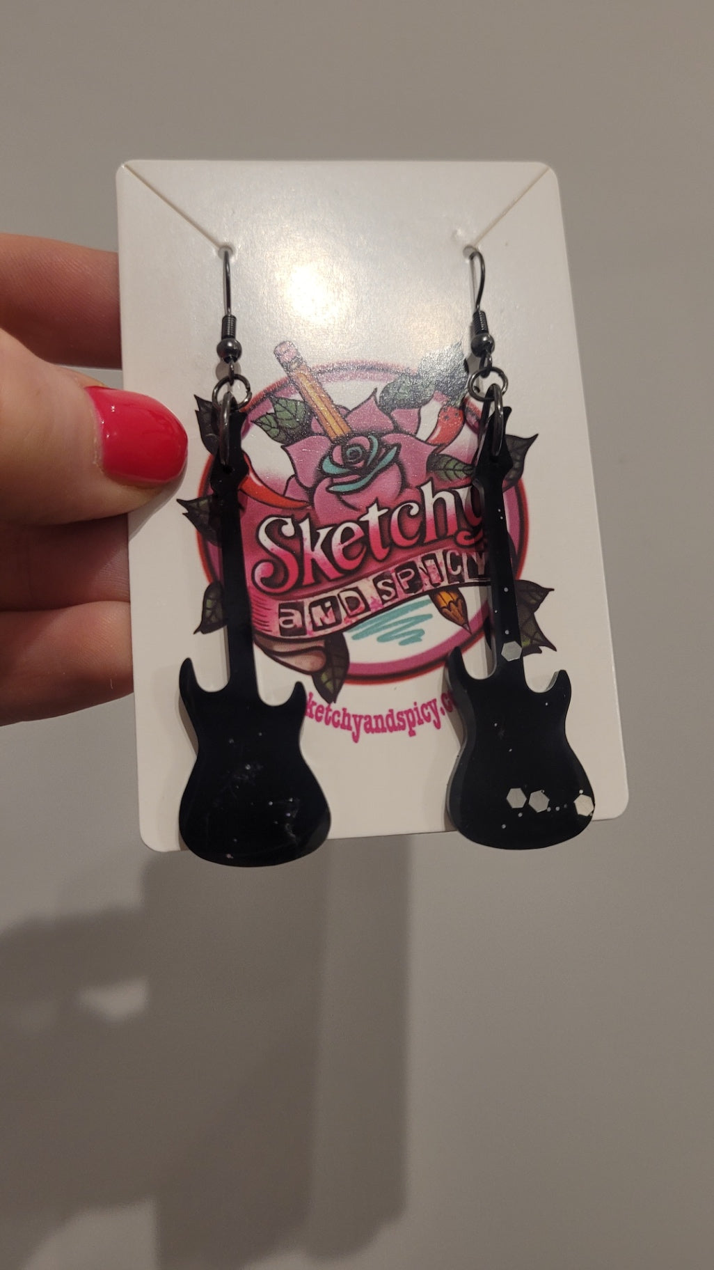 Black Guitar Earrings – Handmade Resin with Gunmetal Hooks | Sketchy & Spicy