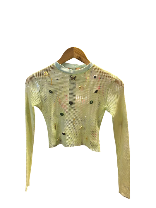 Green Embellished Mesh Top