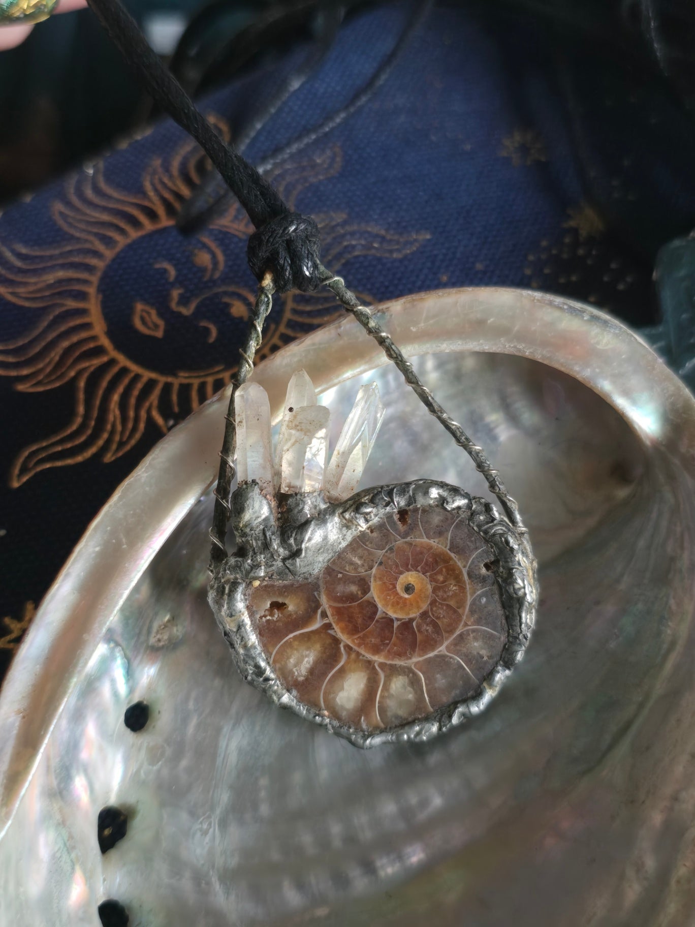 Ammonite and aura coated quartz necklace