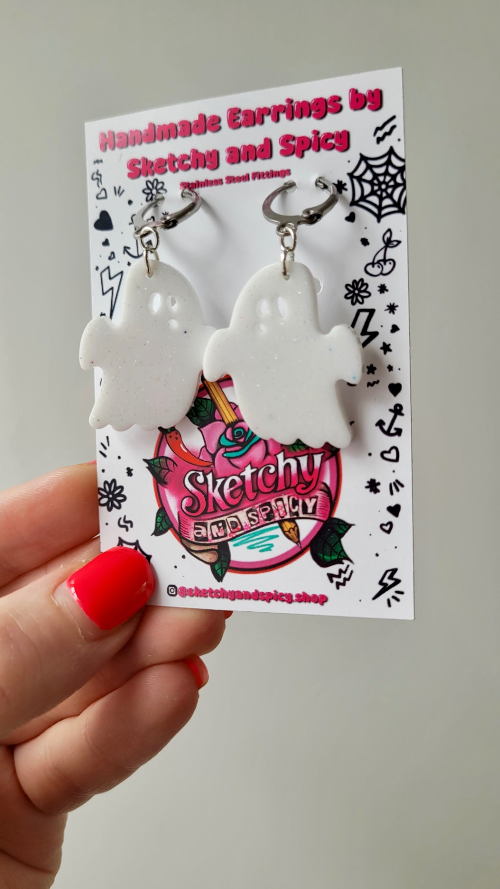 Shocked Ghost Earrings – White with Subtle Sparkle – Stainless Steel Hoops