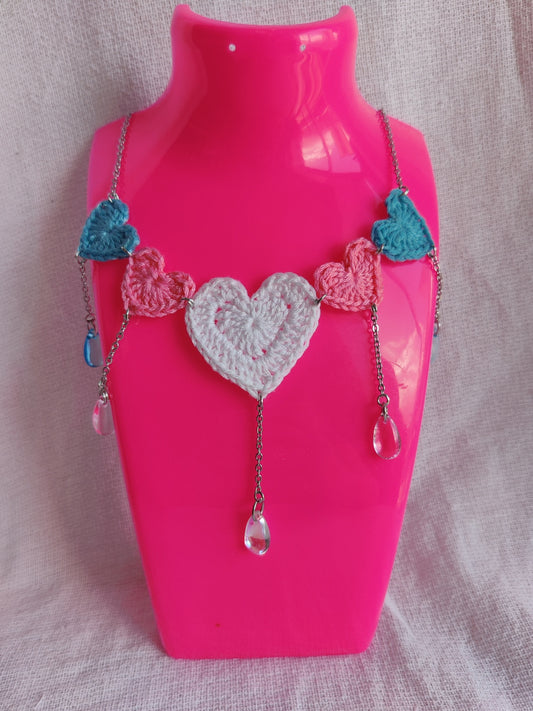 Crochet heart necklace with glass drop beads