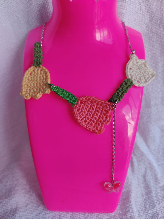 Crochet tulip necklace with glass butterfly bead
