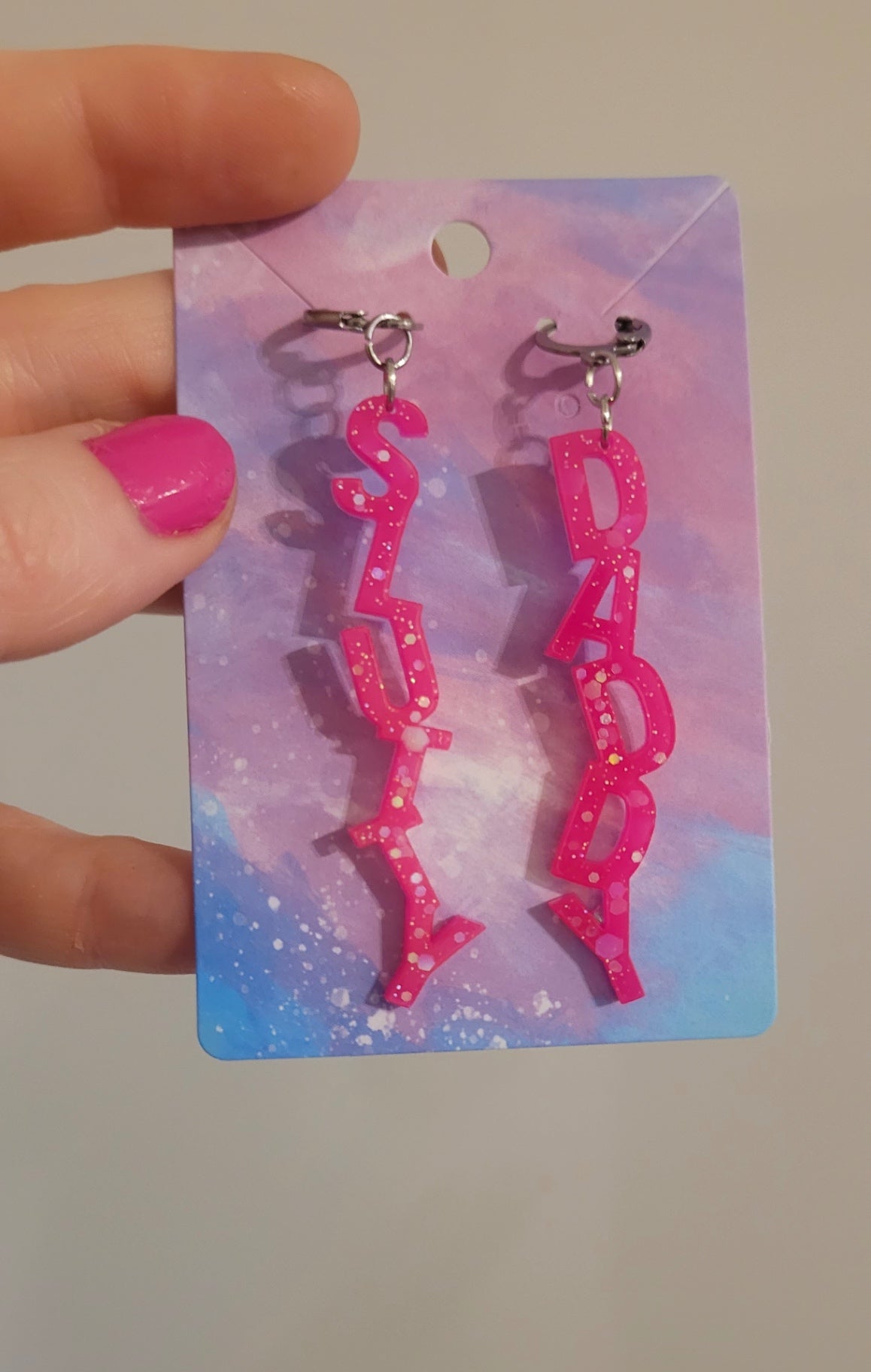 Hot Pink Glitter SLUTTY & DADDY Mismatched Resin Earrings – Stainless Steel Hoops