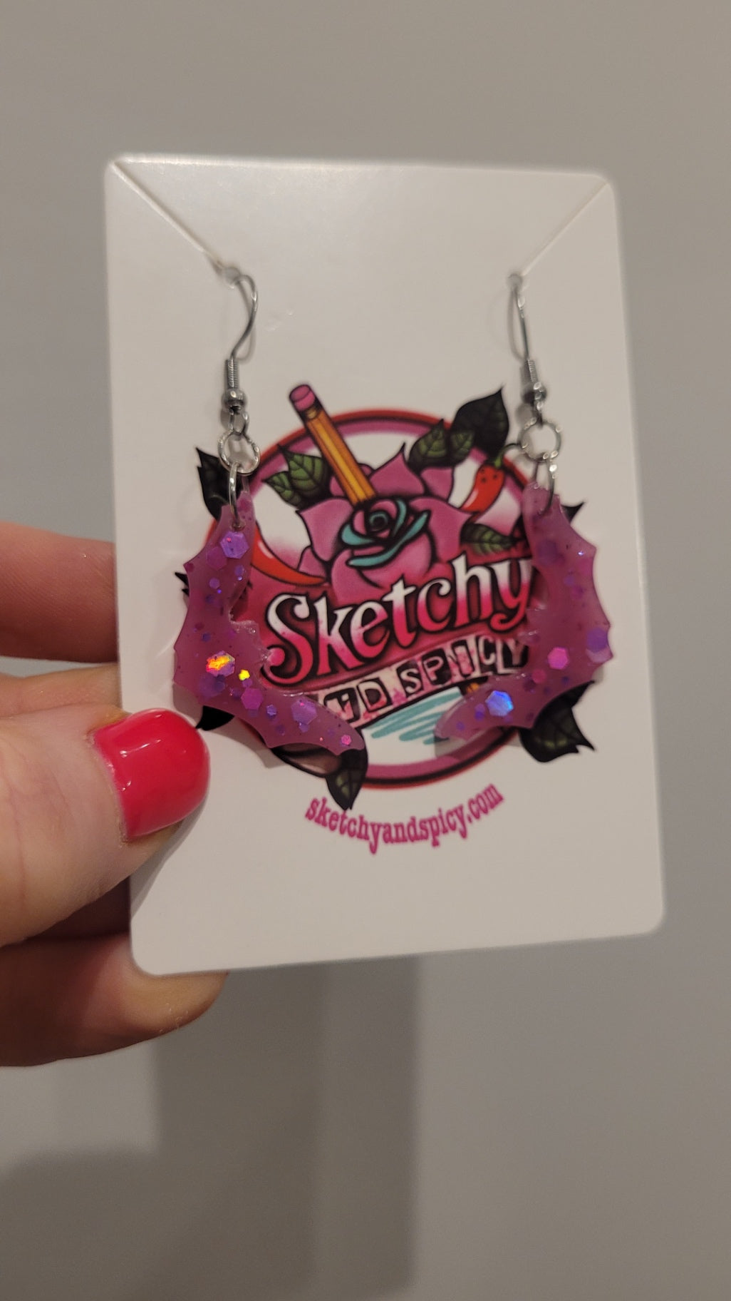 Pink Glitter Bat Earrings – Raised Wing - Stainless Steel Hooks