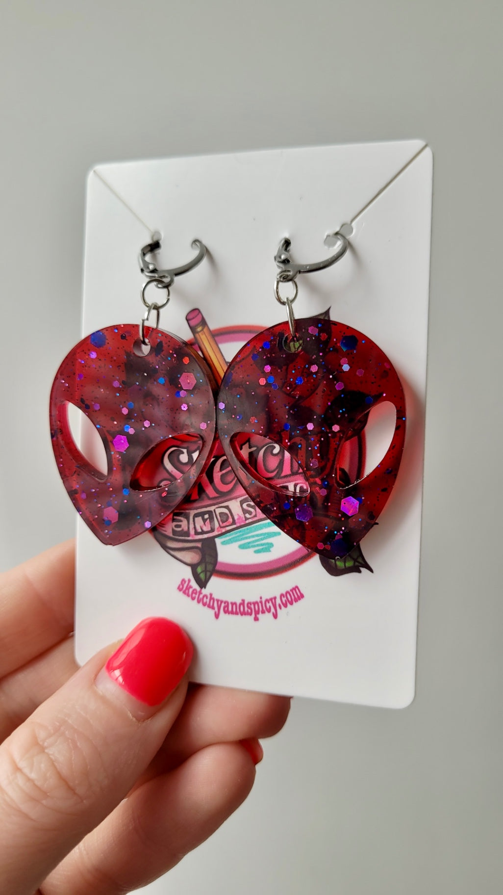 Dark Wine Red Glitter Alien Head Earrings – Stainless Steel Lever-Back Hoops