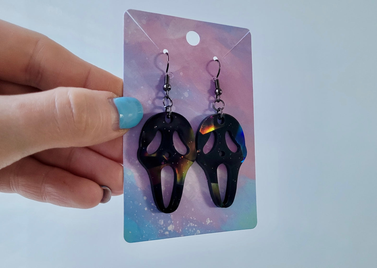 Black Gloss Holographic Ghostface Earrings - Scream Inspired - Stainless Steel Hooks