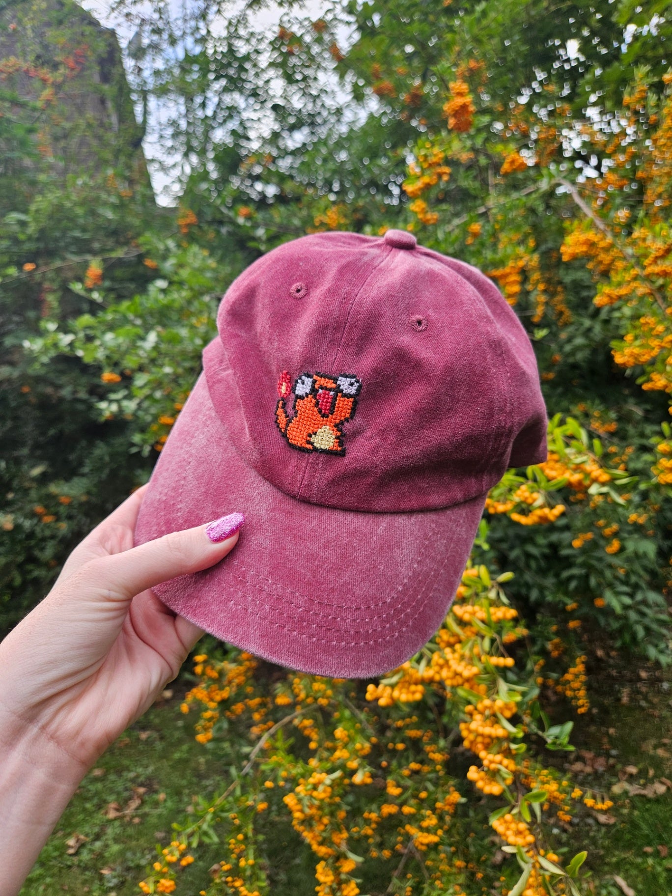 Red Cross Stitched Charmander Pokemon Hat