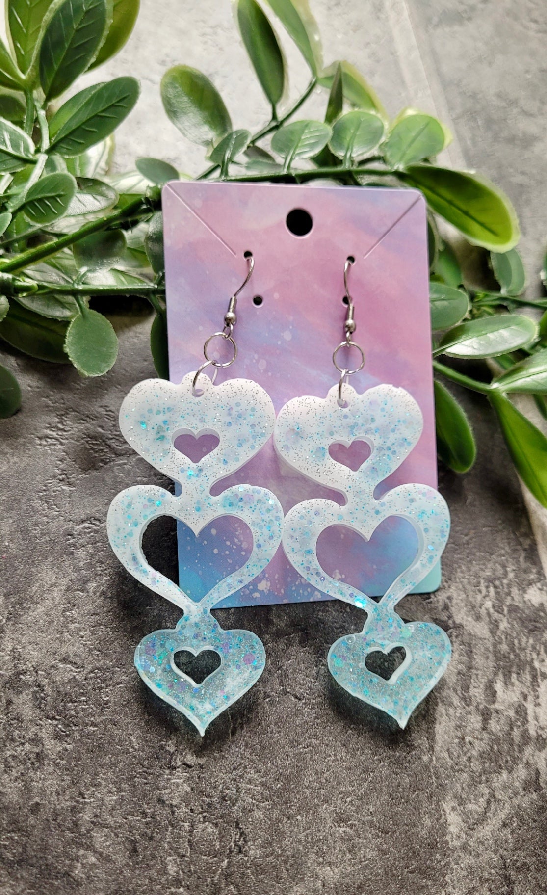 Triple Heart Cut-Out Earrings - Blue-White Glitter - Stainless Steel Hooks
