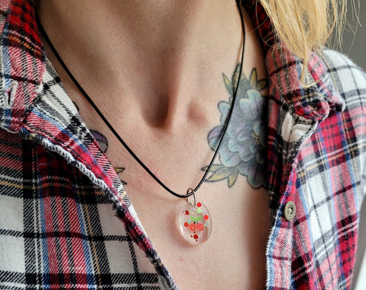 Cherry Glitter Oval Pendant Necklace - Black Cord 50 + 5cm