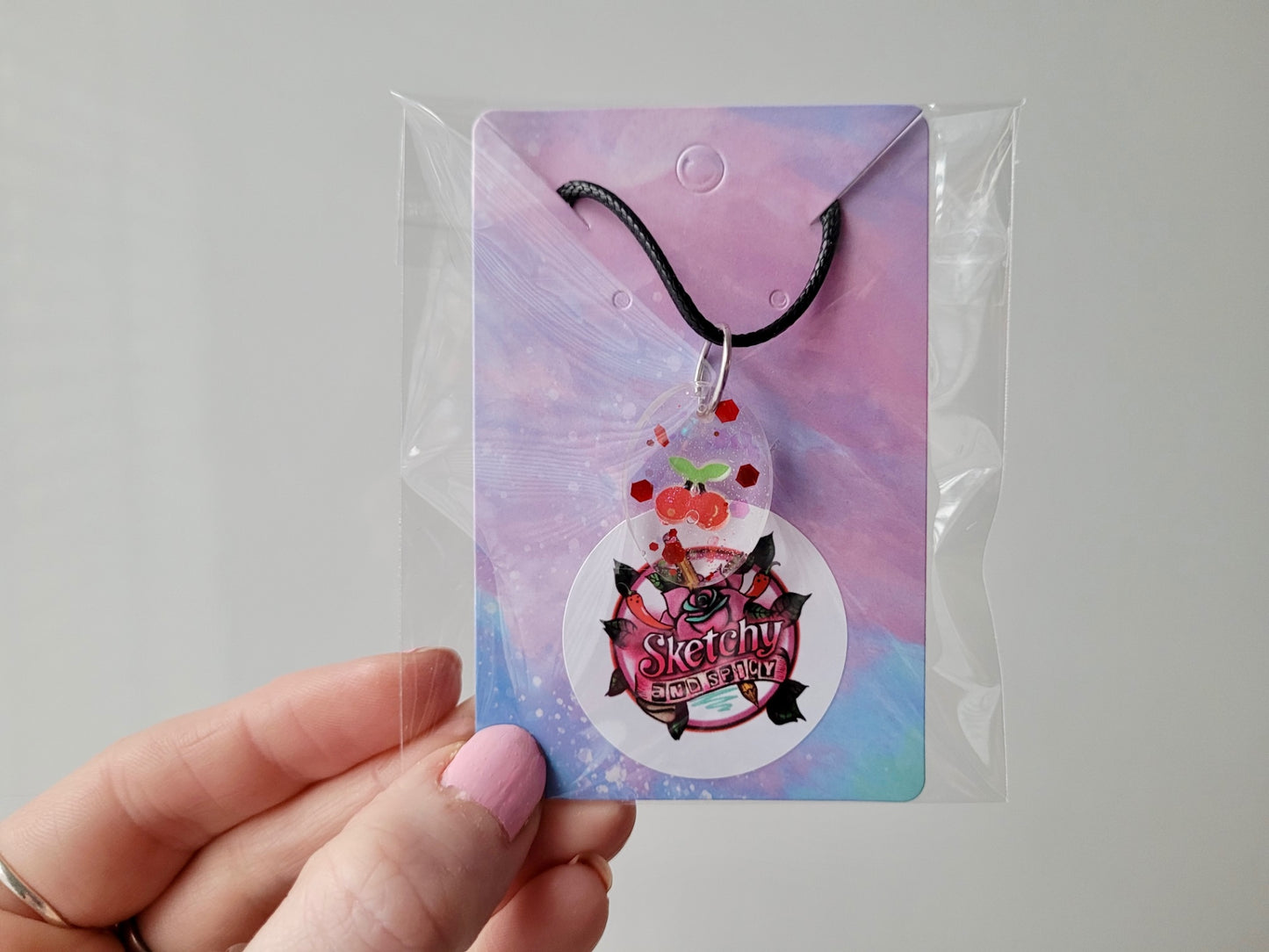 Cherry Glitter Oval Pendant Necklace - Black Cord 50 + 5cm