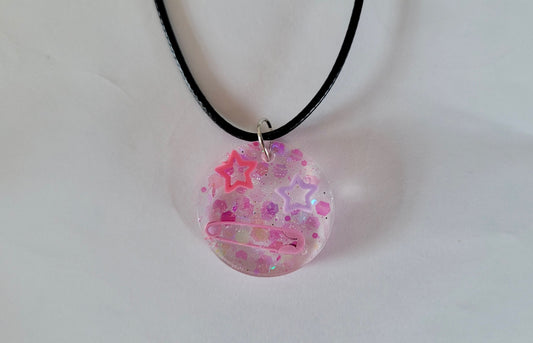 Pastel Star & Safety Pin Resin Necklace - Black Cord 50 + 5cm