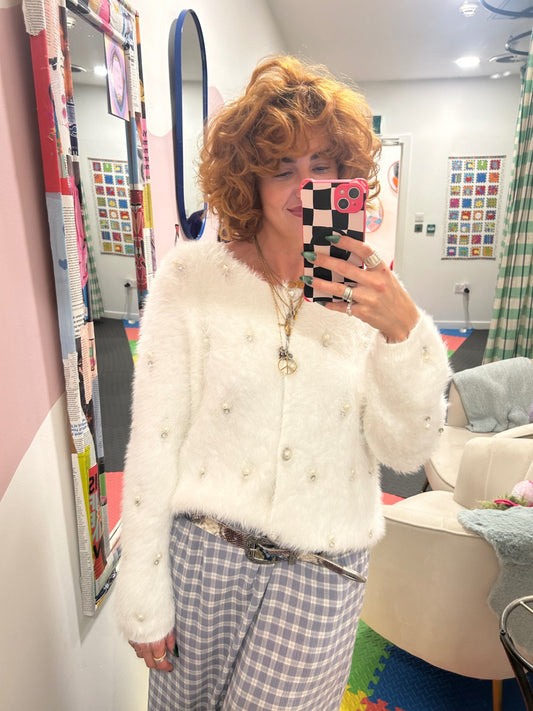 Fluffy White Pearl Cardigan