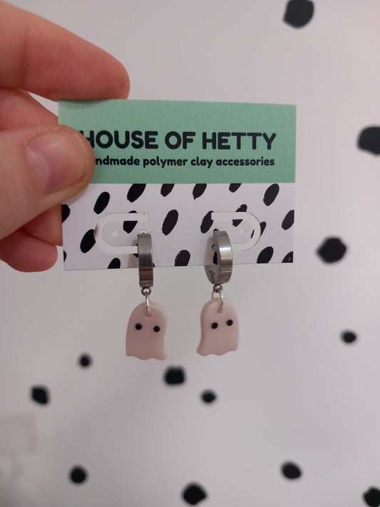 Small ghost polymer clay huggie hoop earrings