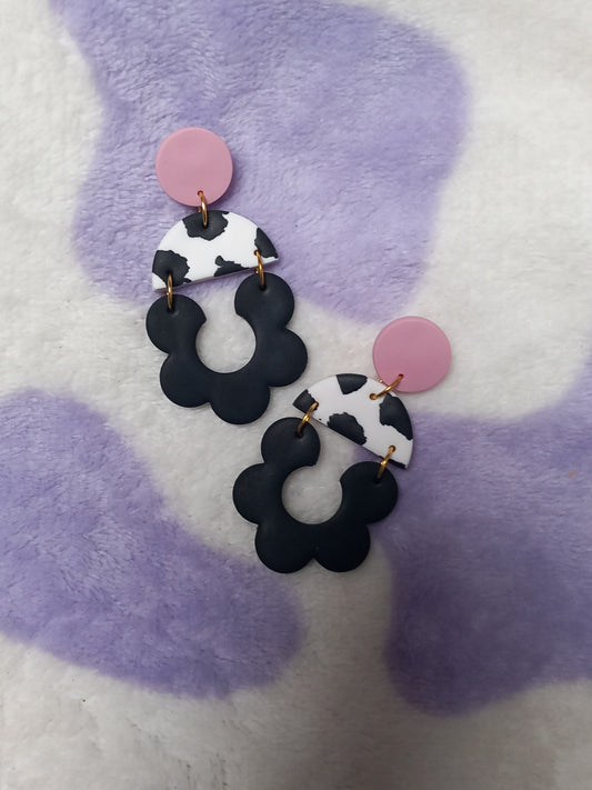 Black and pink double drop statement earrings