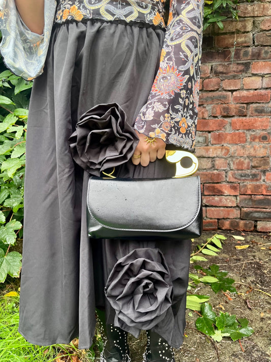 Midnight Bloom Skirt – One Size Black Asymmetric Rose Detail