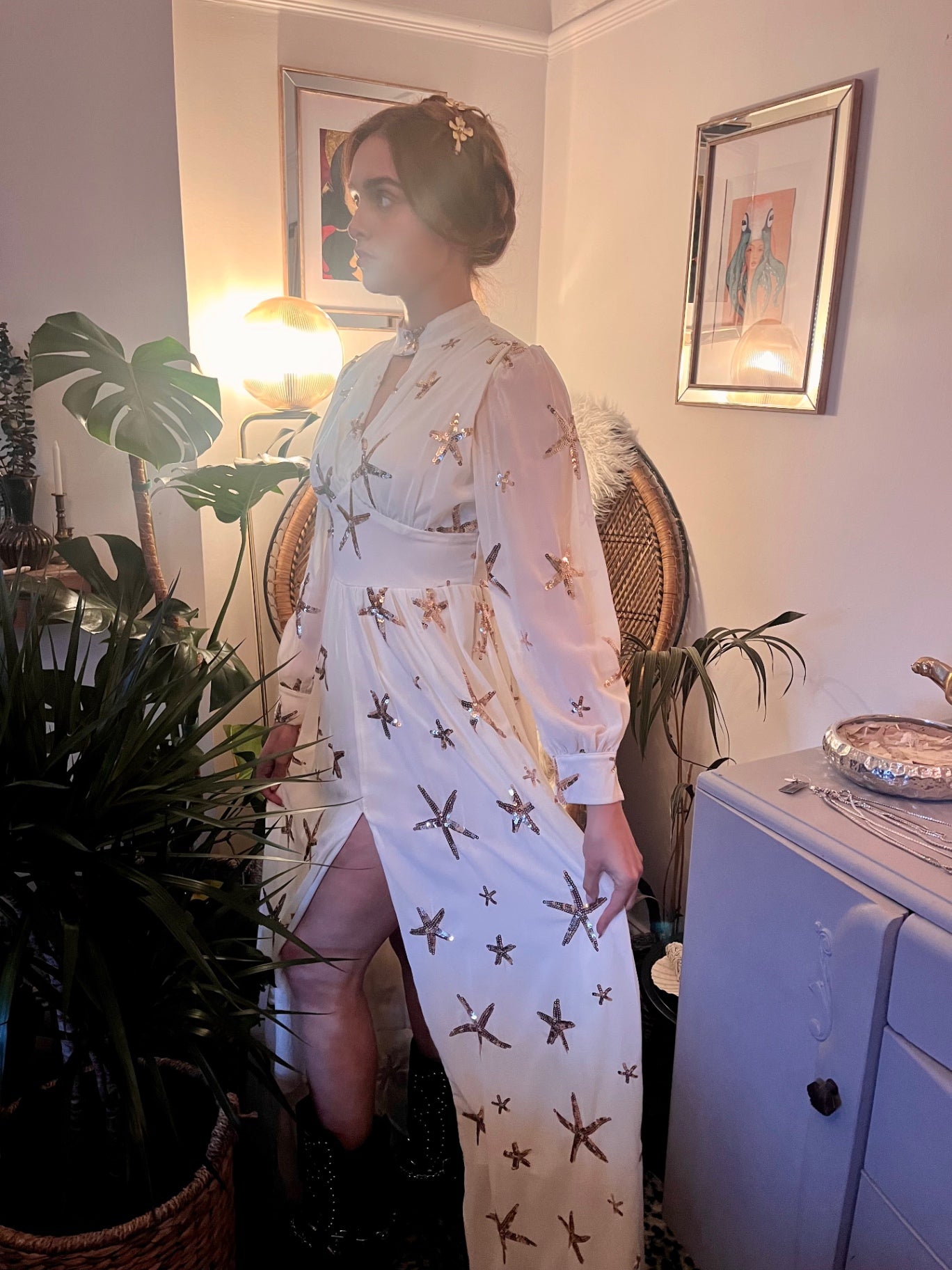 Celestial Sea Star Gown ✨ Size 8 Ivory & Gold Sequin Maxi Dress