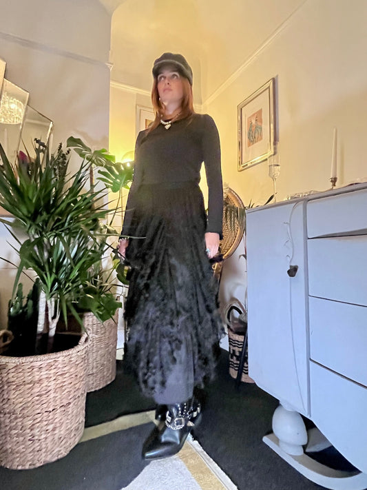 Luna Noir Tiered Tulle Maxi Skirt 🌙 Black Spot Mesh Size L