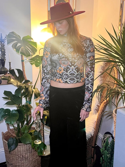 Mystic Serpent Mesh Top – Vintage Floral Print High Neck One Size