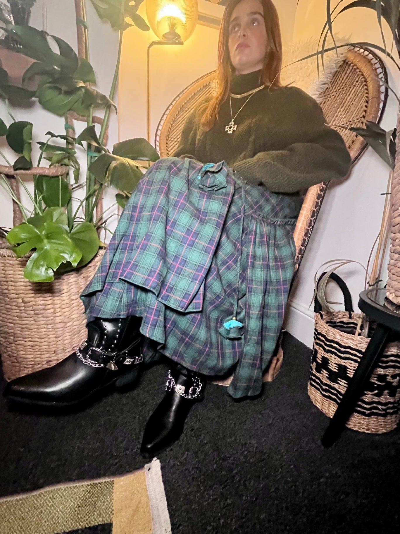 Forest Flame Tartan Maxi Skirt 🌙 Green & Red Check One Size