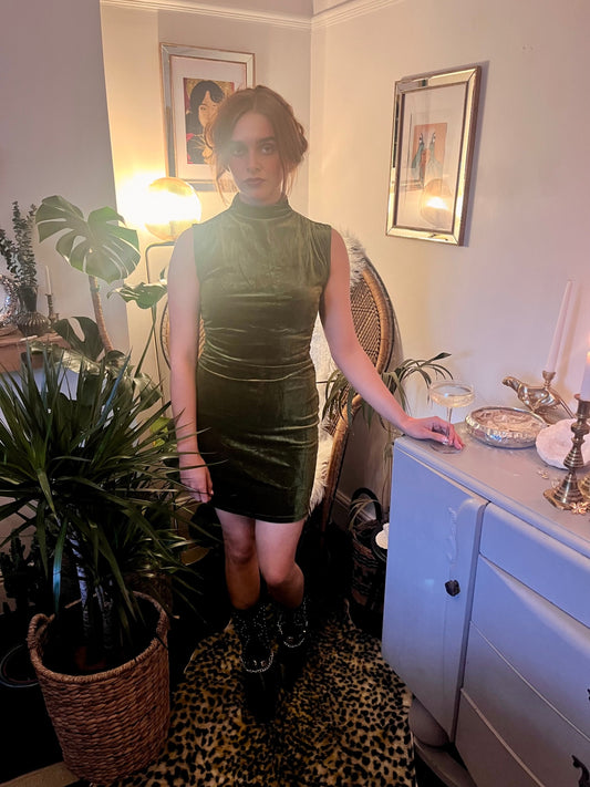 Olive Velvet Moonlight Mini Dress Size M
