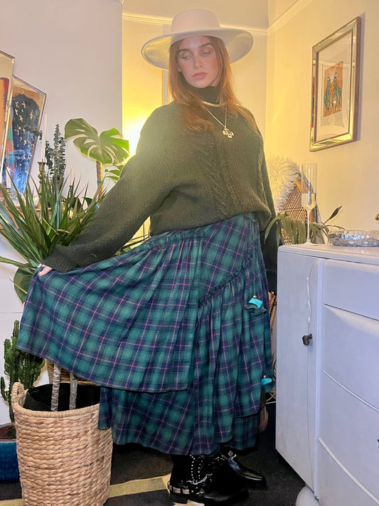 Forest Flame Tartan Maxi Skirt 🌙 Green & Red Check Size 18
