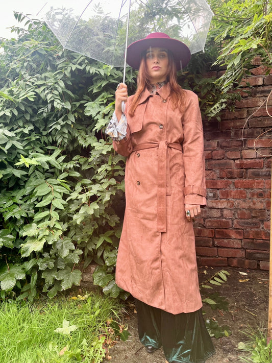 Dusky Rose Suedette Trench Coat 🌙 Size 16  Boho Luxe Longline