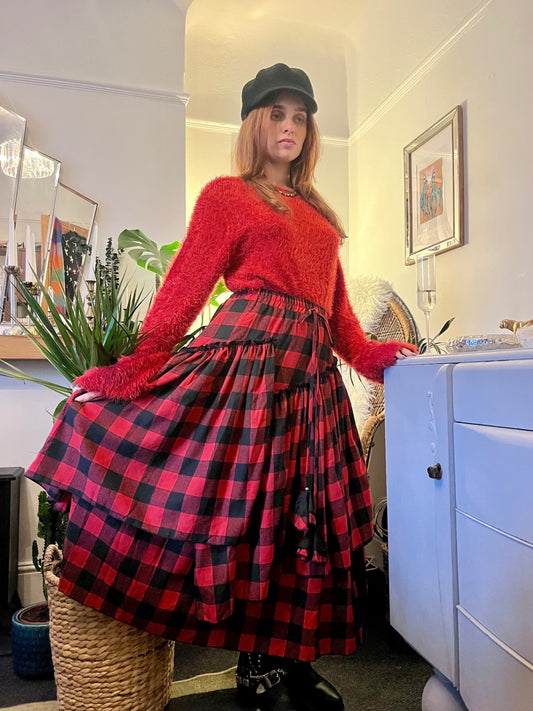 Scarlet Spell Tiered Maxi Skirt 🖤 Red & Black Check Size 10