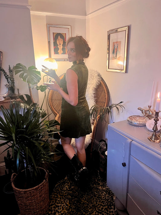 Olive Velvet Moonlight Mini Dress Size L