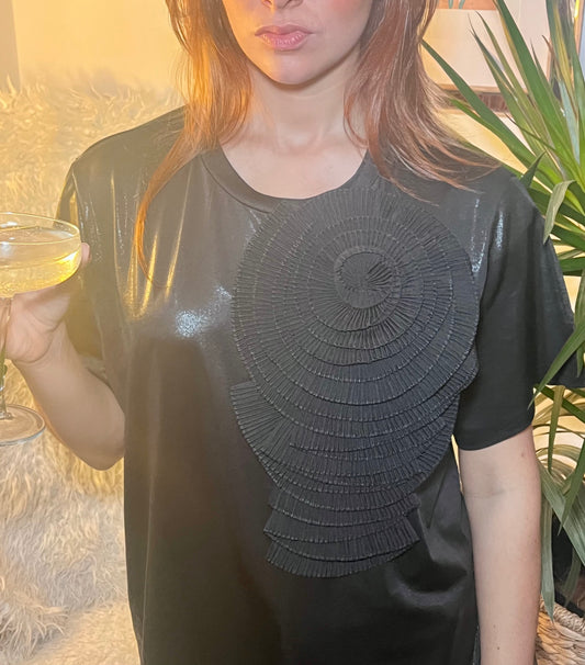 Midnight Bloom Black Glitter Tee with Black Detachable Flower Brooch One Size