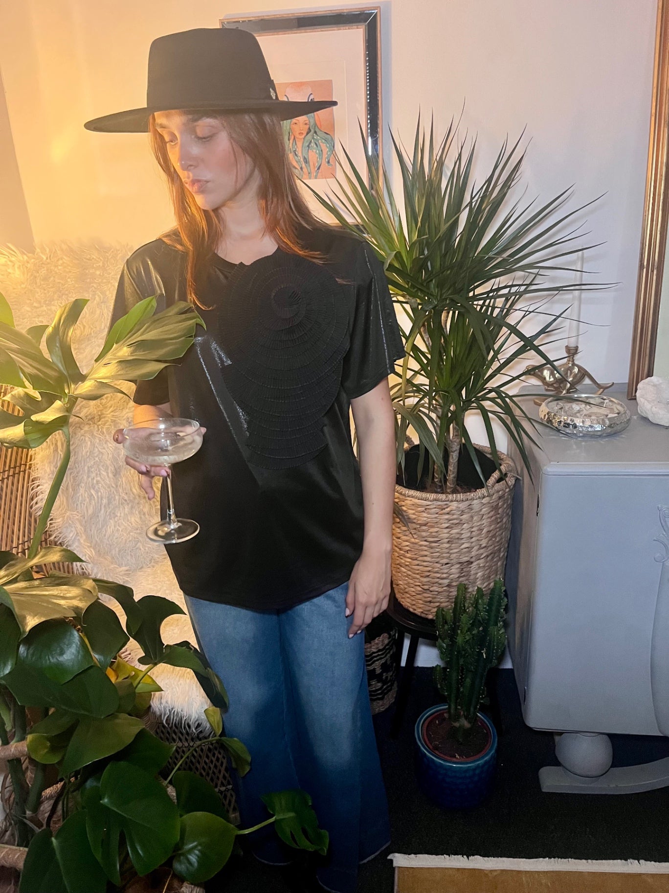 Midnight Bloom Black Glitter Tee with Black Detachable Flower Brooch One Size