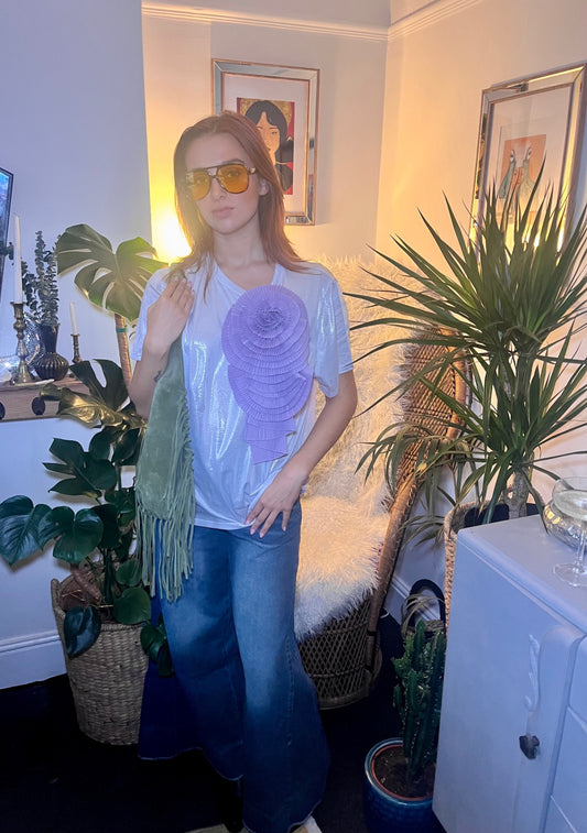 Lunar Bloom Silver Glitter Tee with Lilac Detachable Flower Brooch One Size