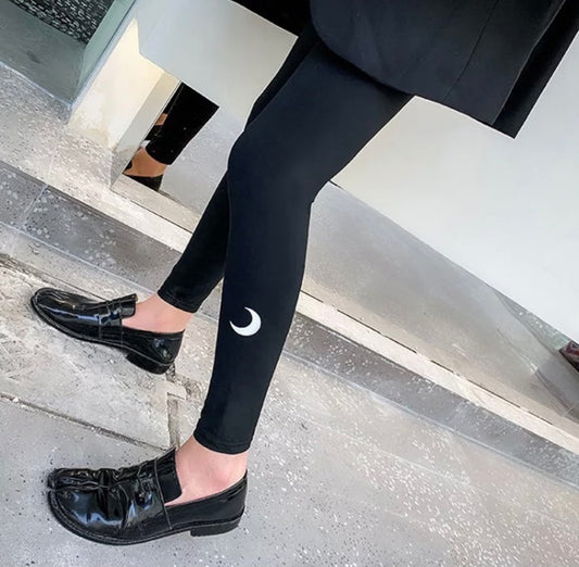 Lunar Phase Black Leggings with Crescent Moon Size 10