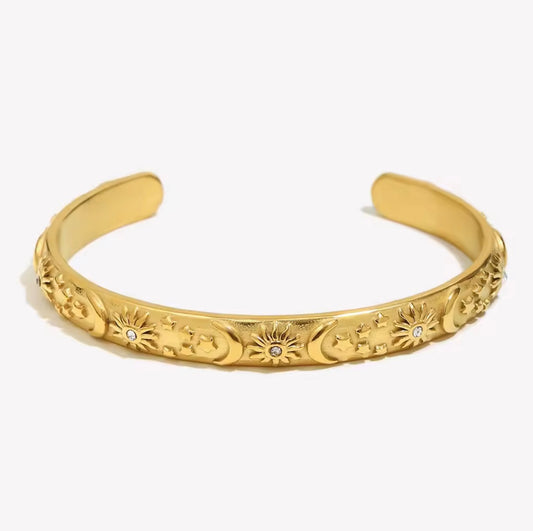 Solar Eclipse Cuff Bracelet – Gold Sun, Moon & Star Bangle